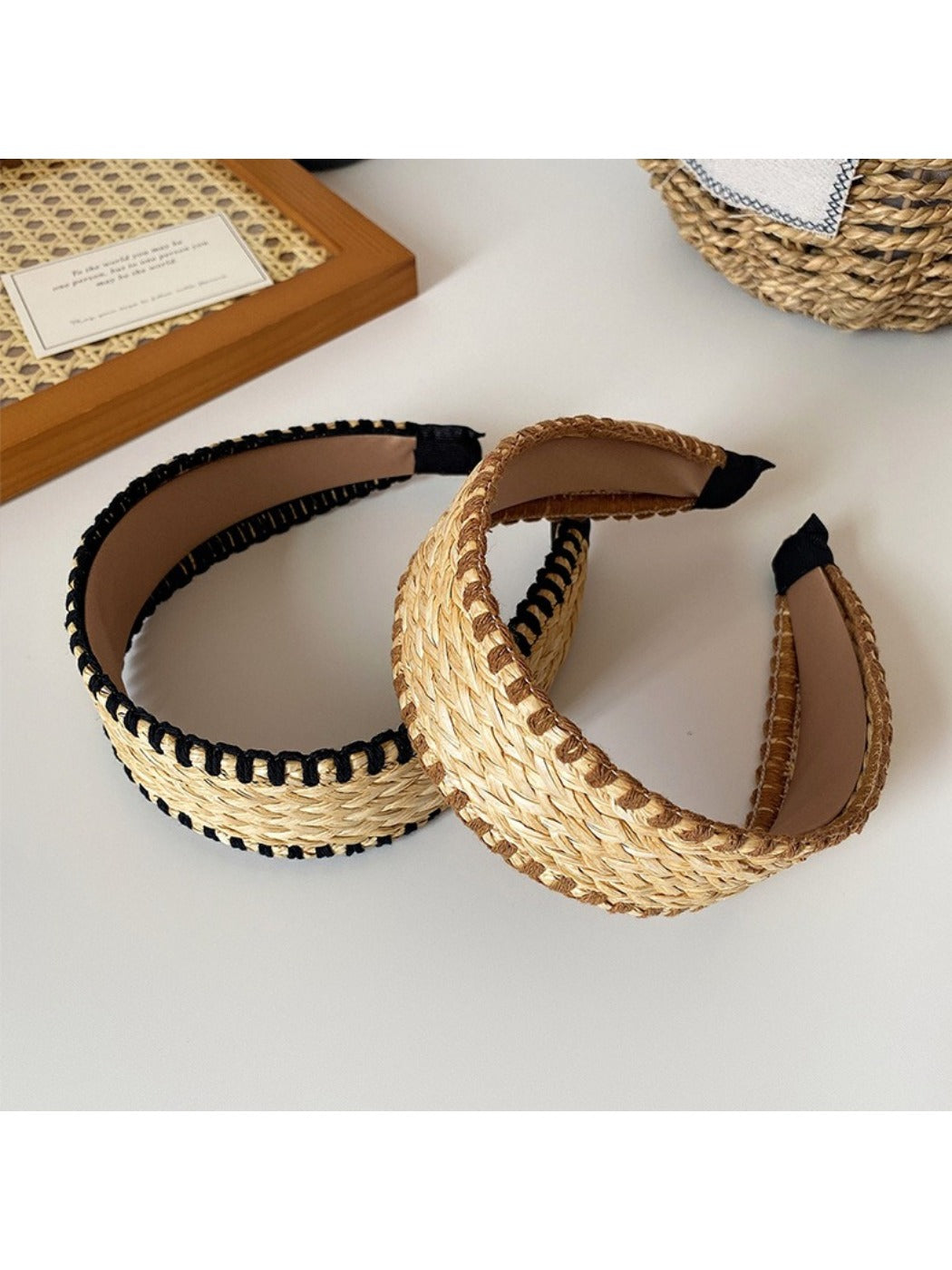 Side view of model wearing Gifty wide headband with loose hair