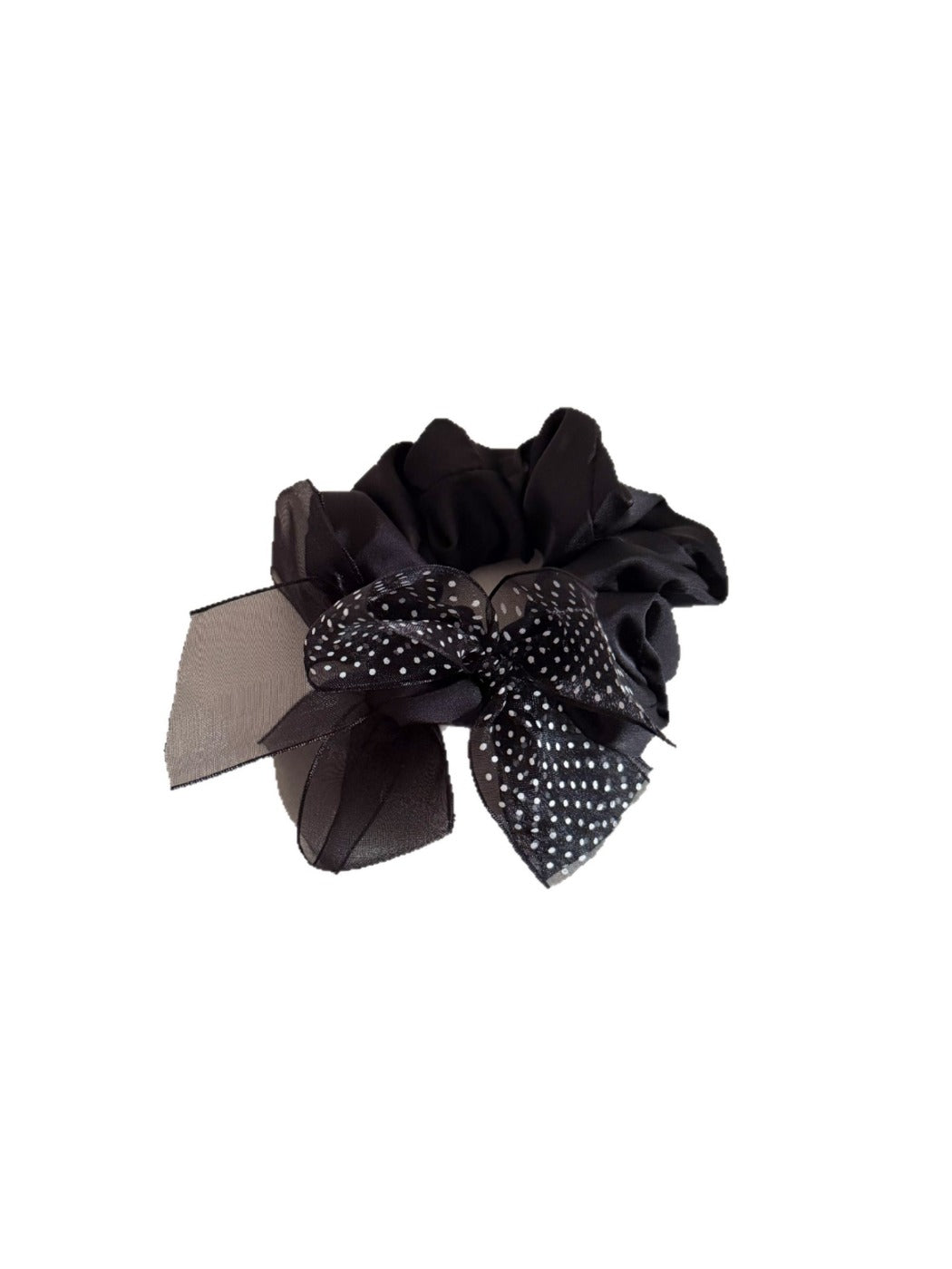Gifty - Black Mesh Polka Dot Bow Scrunchie