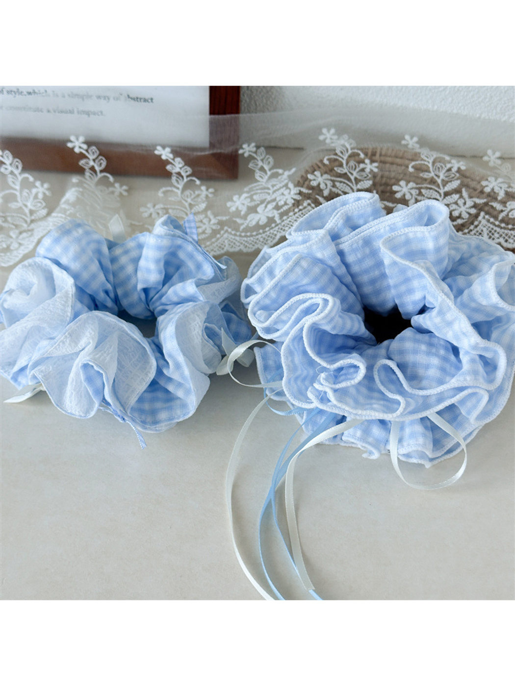 Gifty - Ruffled Gingham Ribbon Bow Hair Scrunchie