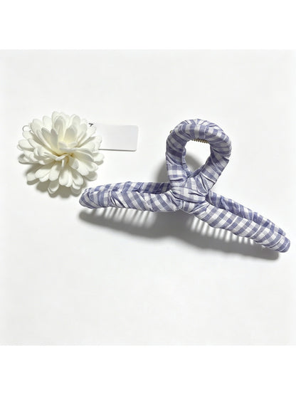Beau plaid fabric wrapped claw clip displayed on white background