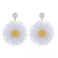 Colorful floral raffia earrings placed next to green leaves for styling