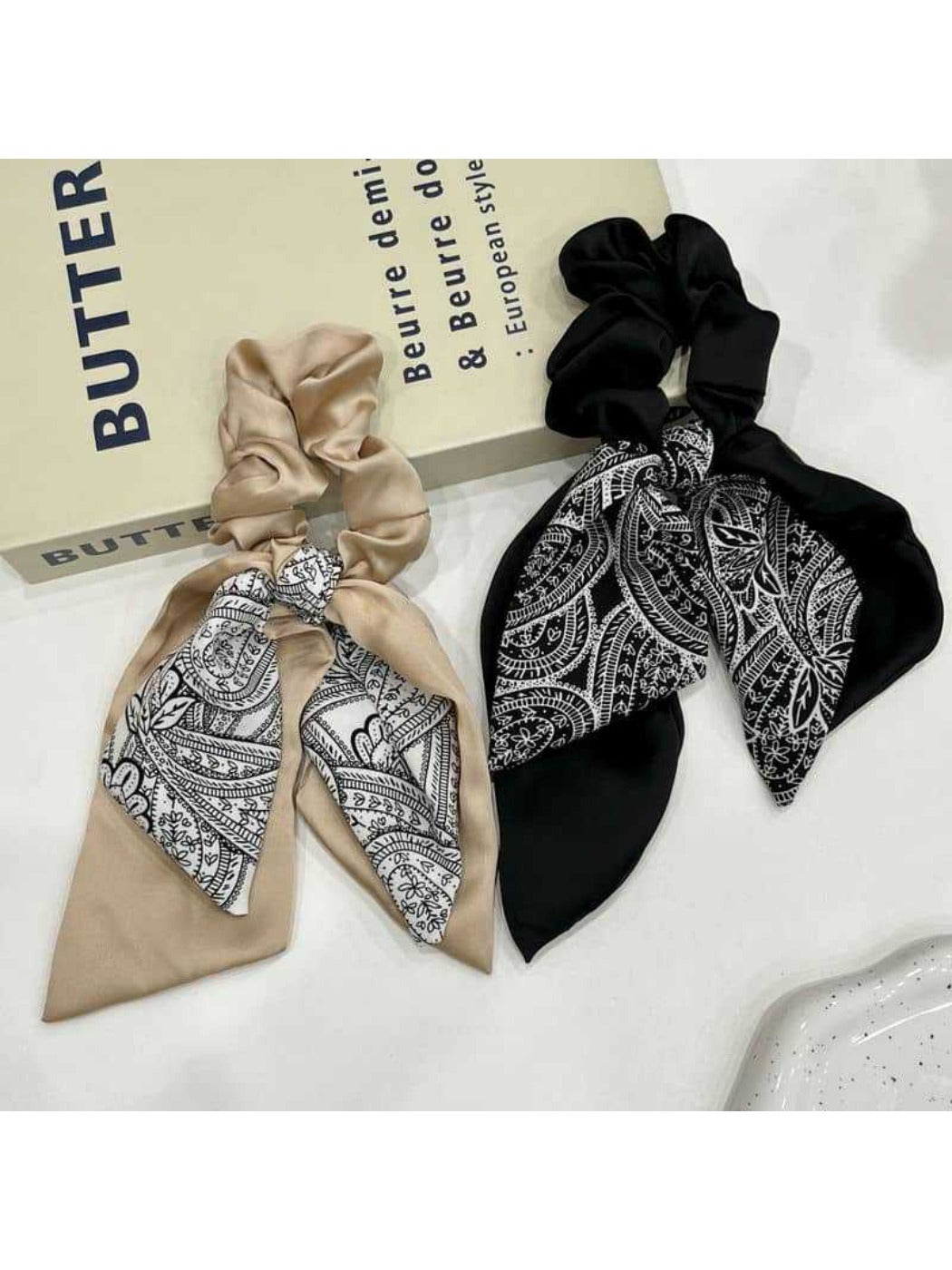 Gifty - Floral Bow Hair Scarf Ribbon Tie Elegant