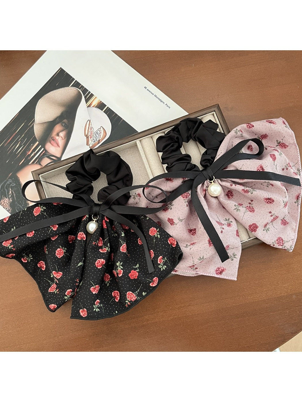 Gifty-Large Bow Hair Tie Floral Print Low Ponytail Accessory