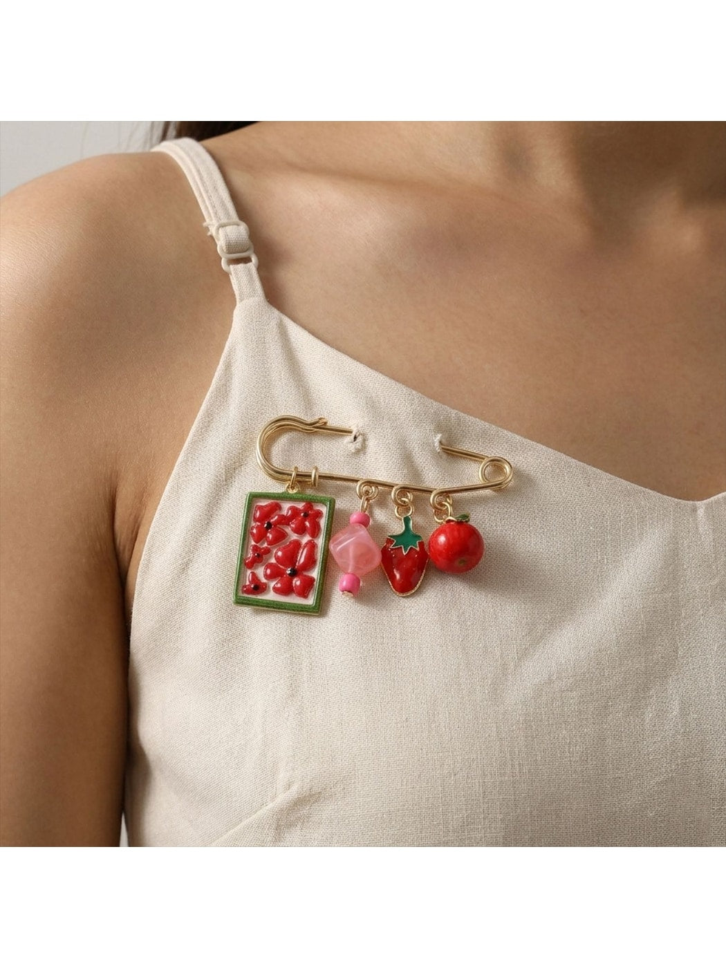 Brovia - Flower and Fruit Charm Safety Pin Brooch
