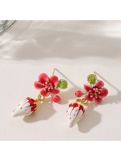 Earedge - Glossy Strawberry Floral Alloy Stud Earrings