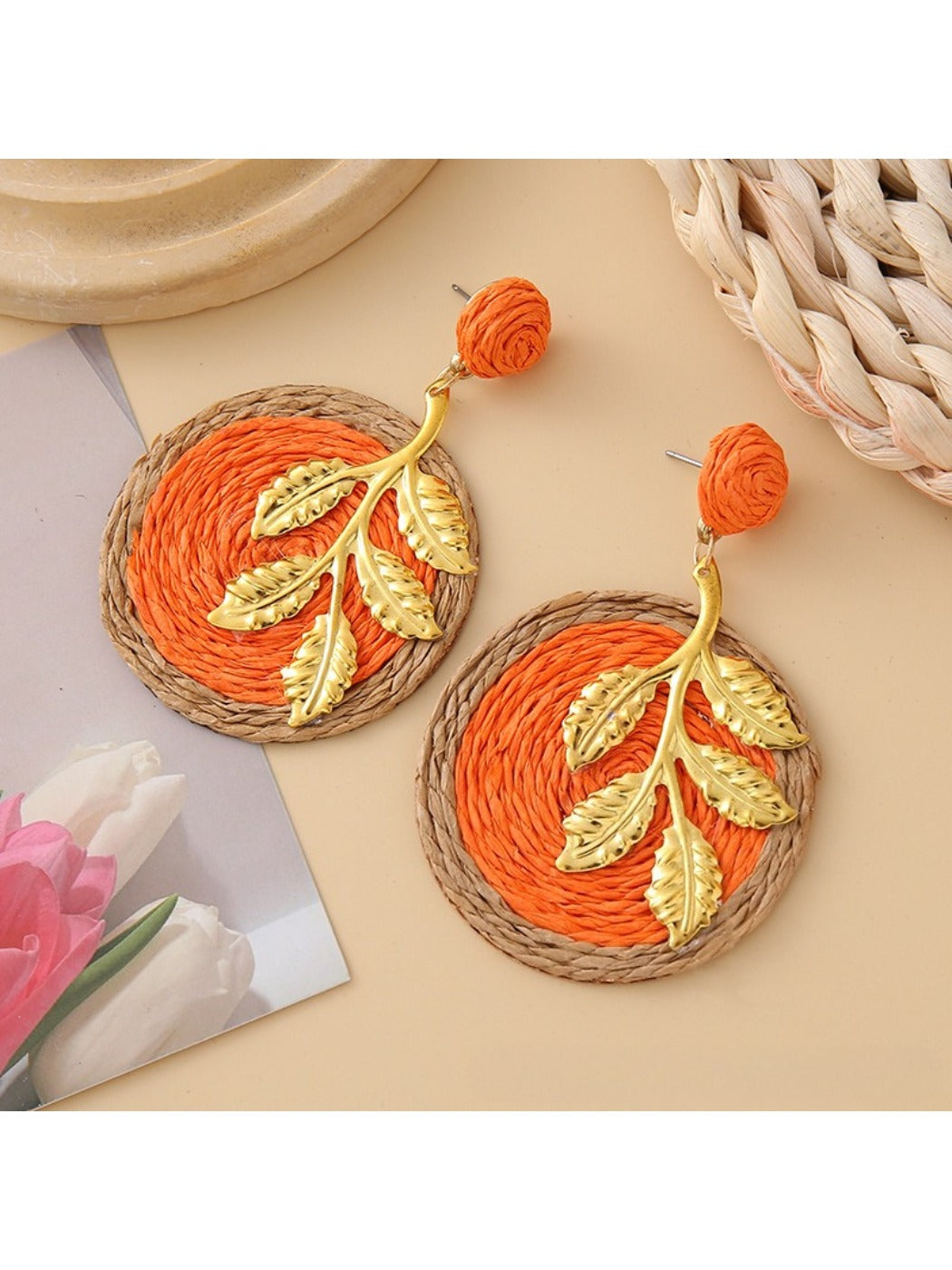 Earedge round leaf pendant earrings shown from front and back angles