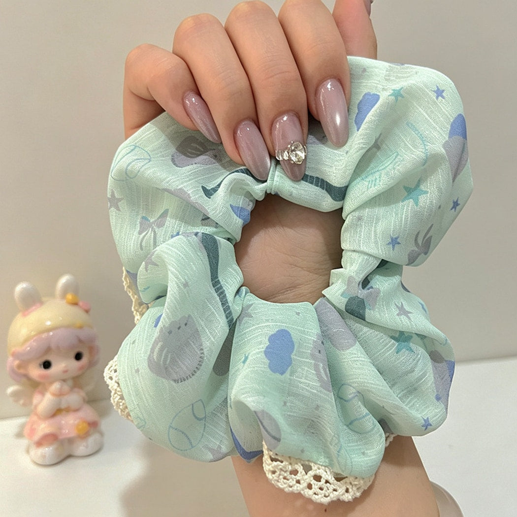 Gifty - Lace Trim Print Polyester Scrunchie