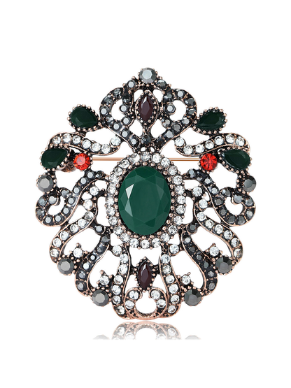 Brovia - Vintage Flower Rhinestone Accent Alloy Brooch
