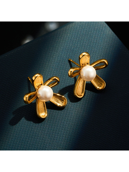 Earedge - Five Petal Flower Gold Tone Stud Earrings