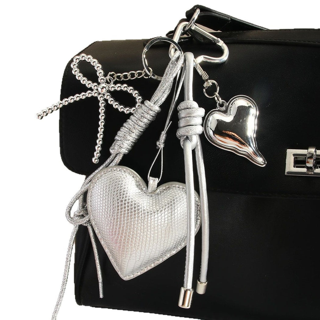 Keypus - Silver Heart Bow Woven Cord Bag Charm Keychain