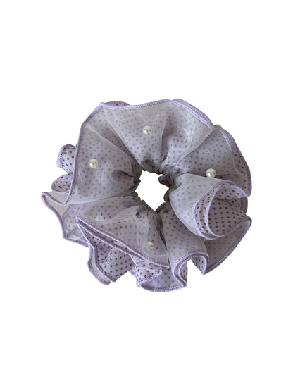 Gifty - Ruffled Polka Dot Mesh-Look Polyester Scrunchie