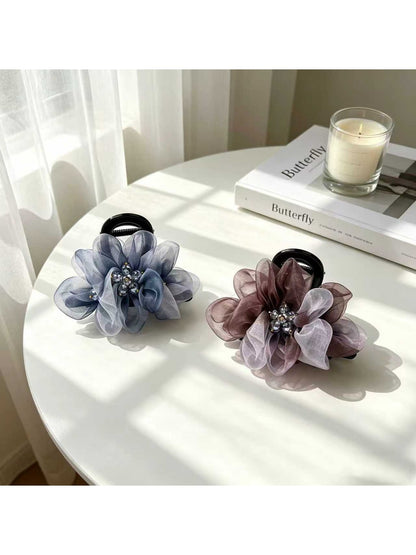 Beau - Layered Mesh Flower Polyester Claw Clip