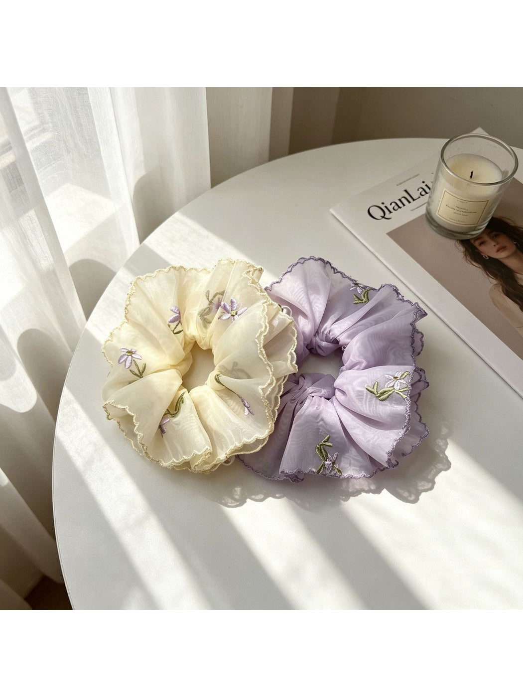 Gifty - Embroidered Floral Mesh Ruffle Edge Scrunchie