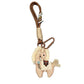 Fabric pony bag charm keychain displayed on a wooden surface