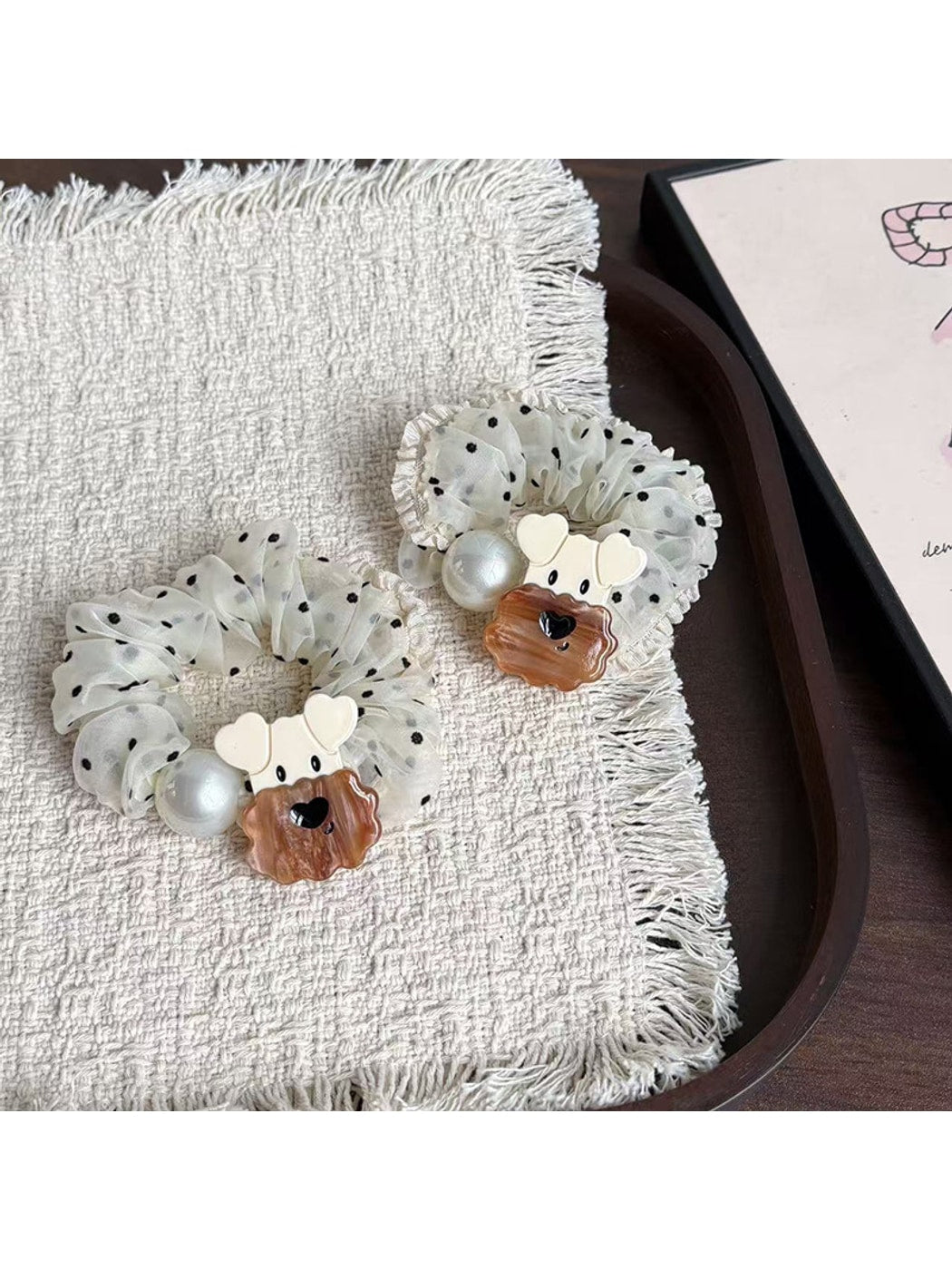 Gifty - Cartoon Dog Polka Dot Ruffle Trim Scrunchie