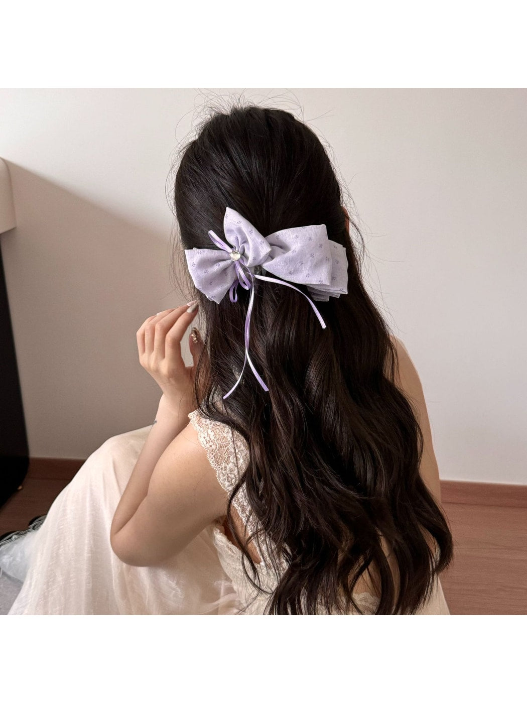 Gifty - Purple Floral Ruffle Trim Fabric Scrunchie