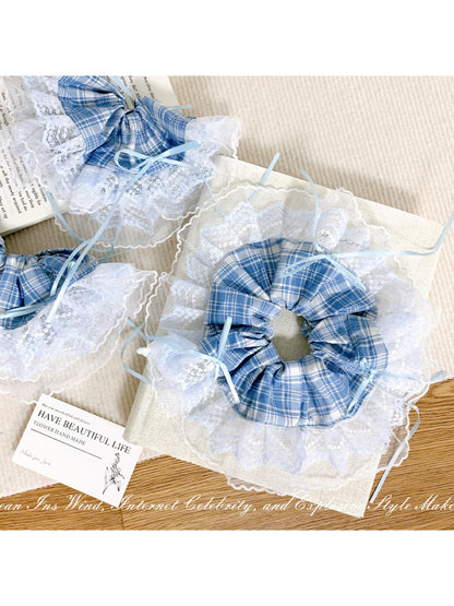 Gifty - Blue Plaid Lace Trim Bow Hair Tie