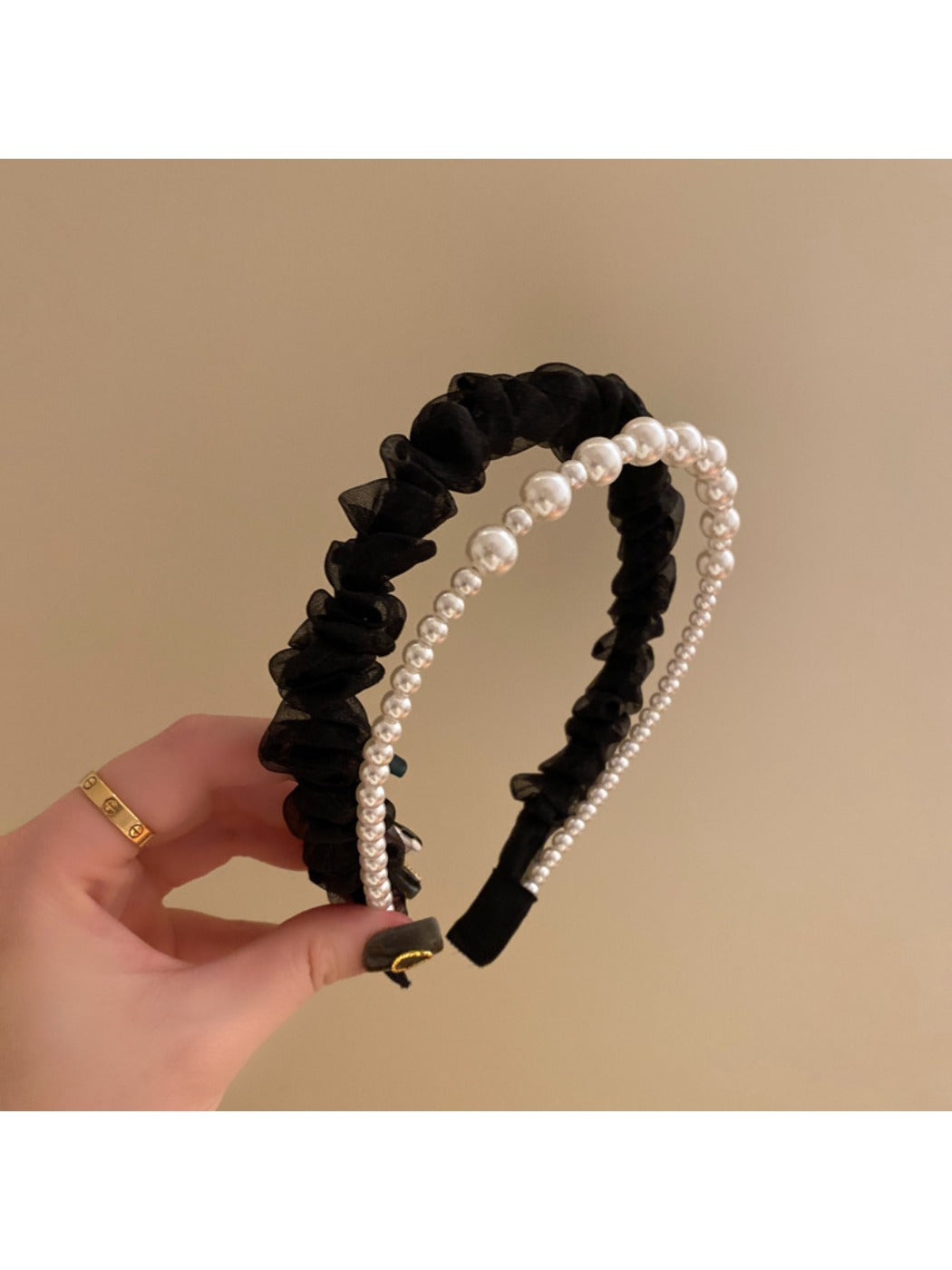 Model wearing vintage tulle headband styled with casual outfit