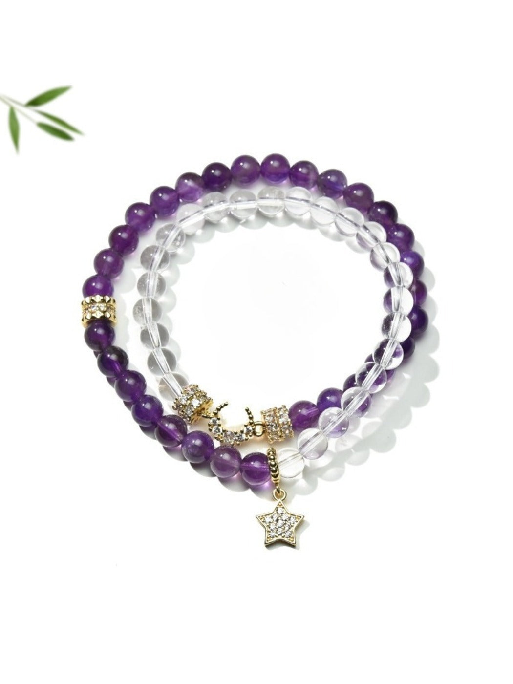 Close-up of Lovra elegant amethyst double wrap beaded bracelet with purple stones and silver accents
