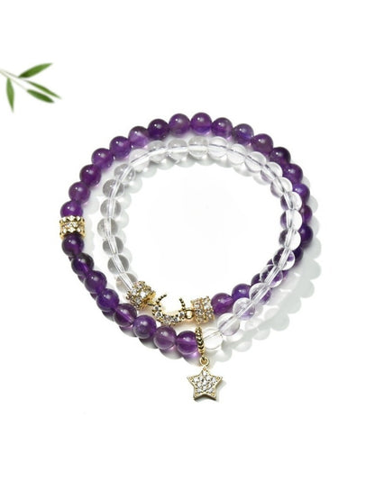 Close-up of Lovra elegant amethyst double wrap beaded bracelet with purple stones and silver accents
