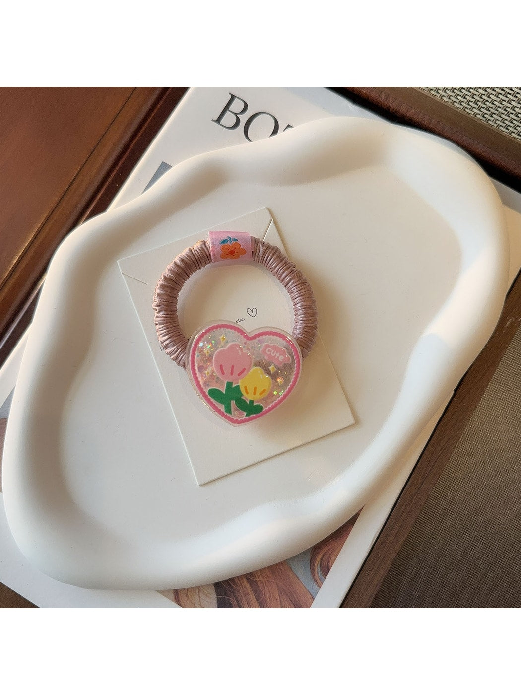 Gifty - Floral Print Heart Detail Elastic Hair Tie