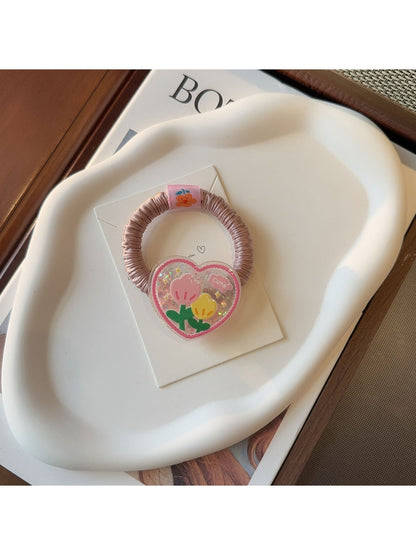 Gifty - Floral Print Heart Detail Elastic Hair Tie