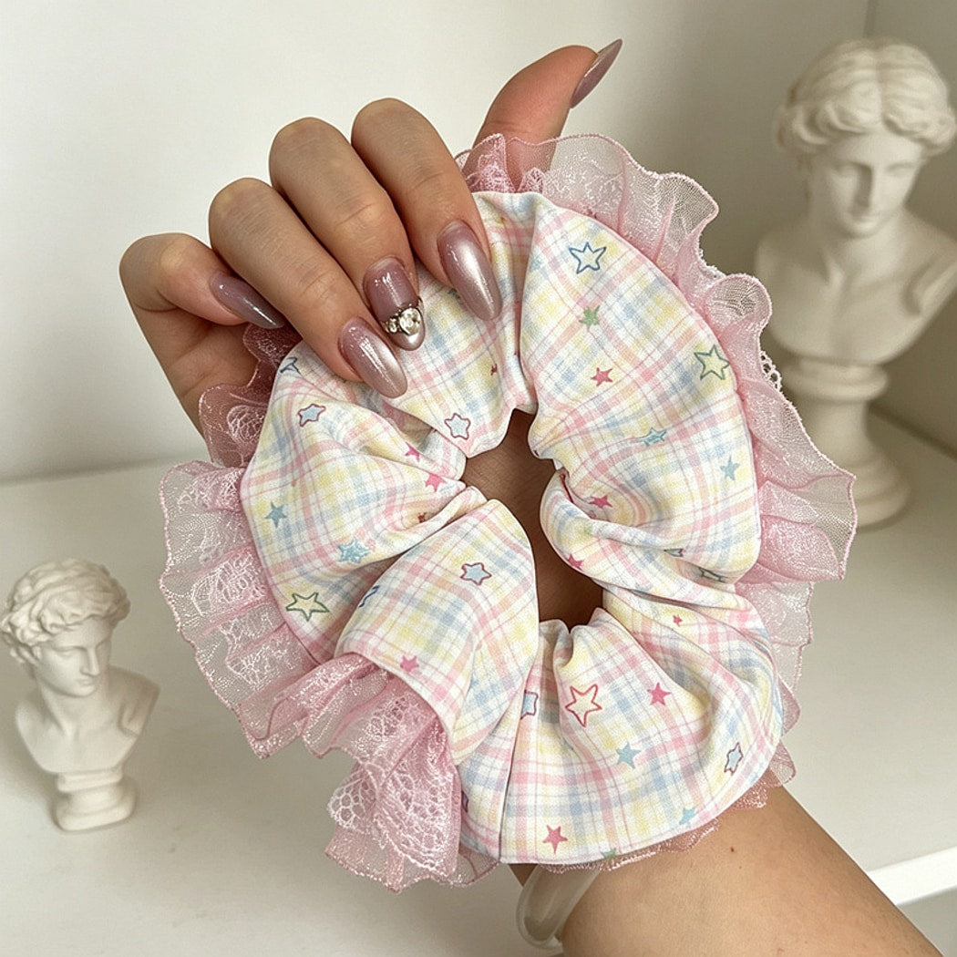 Gifty - Pastel Star Pattern Lace Edge Ponytail Scrunchie