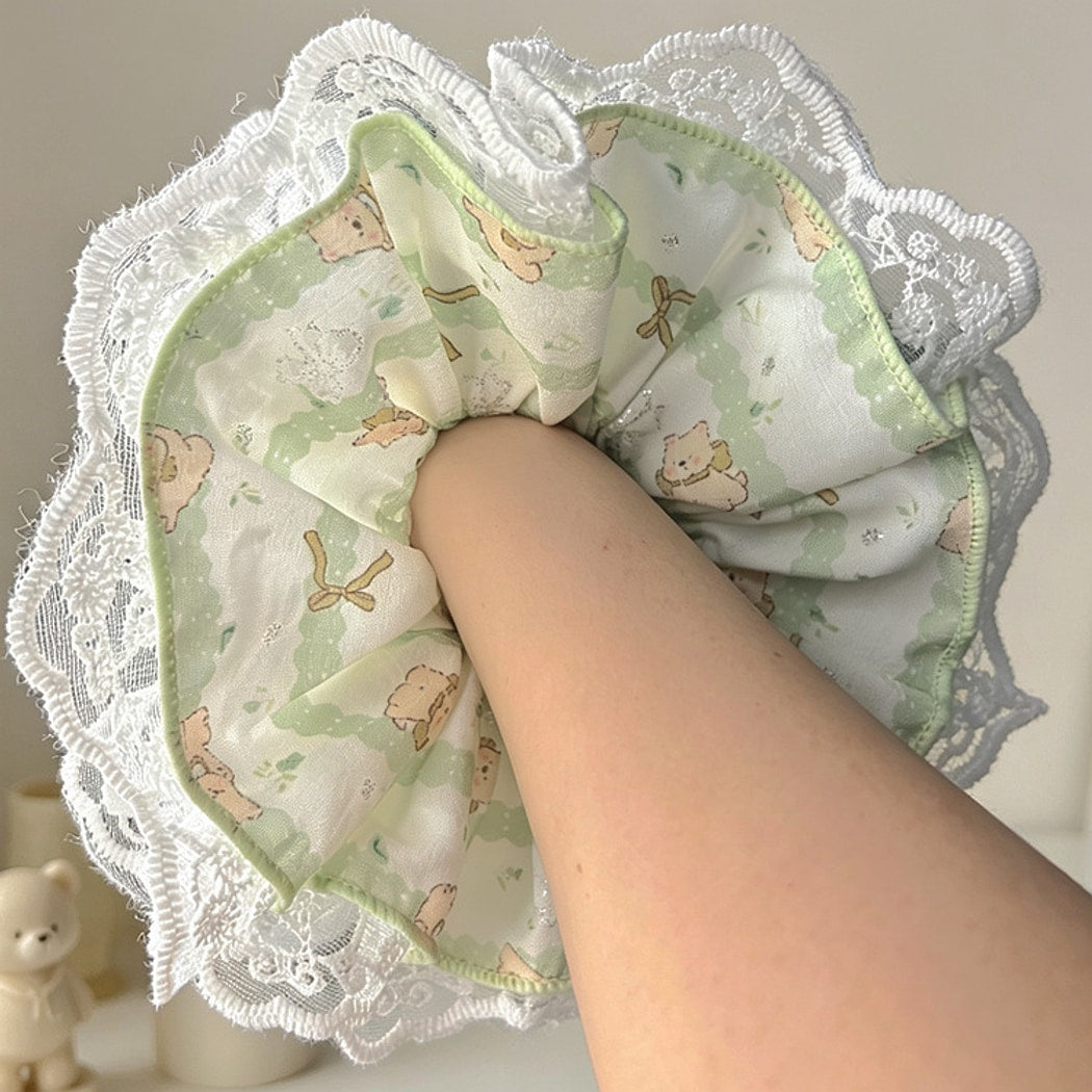 Gifty - Cute Bear Print Lace Trim Scrunchie
