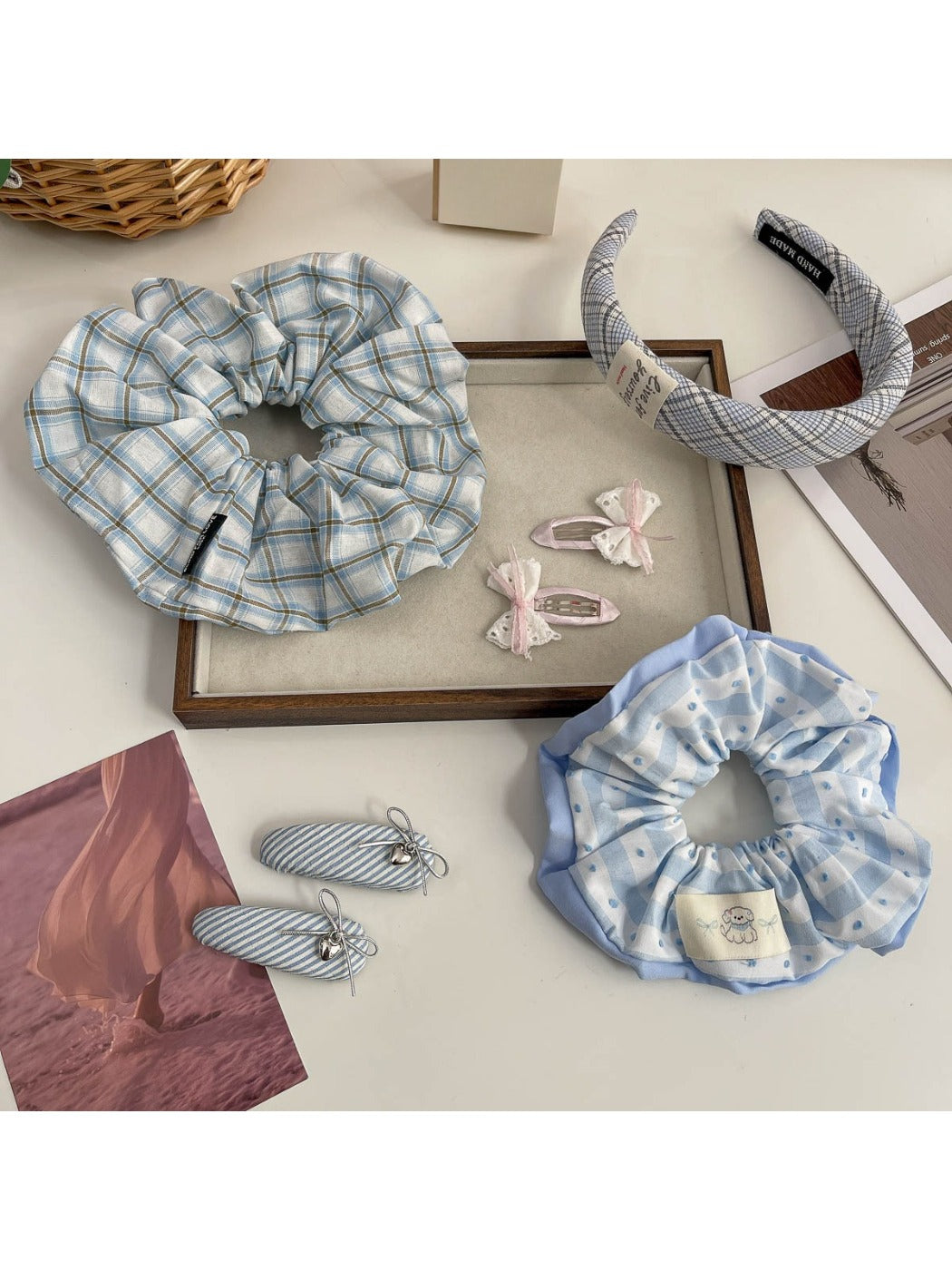 Close-up of scrunchie headband showing texture and stitching details