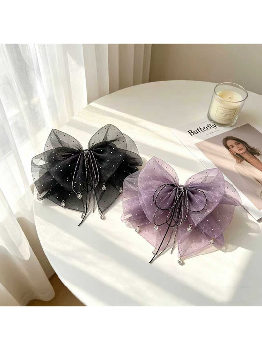Beau - Glitter Mesh Bow Ribbon Tassel Claw Clip