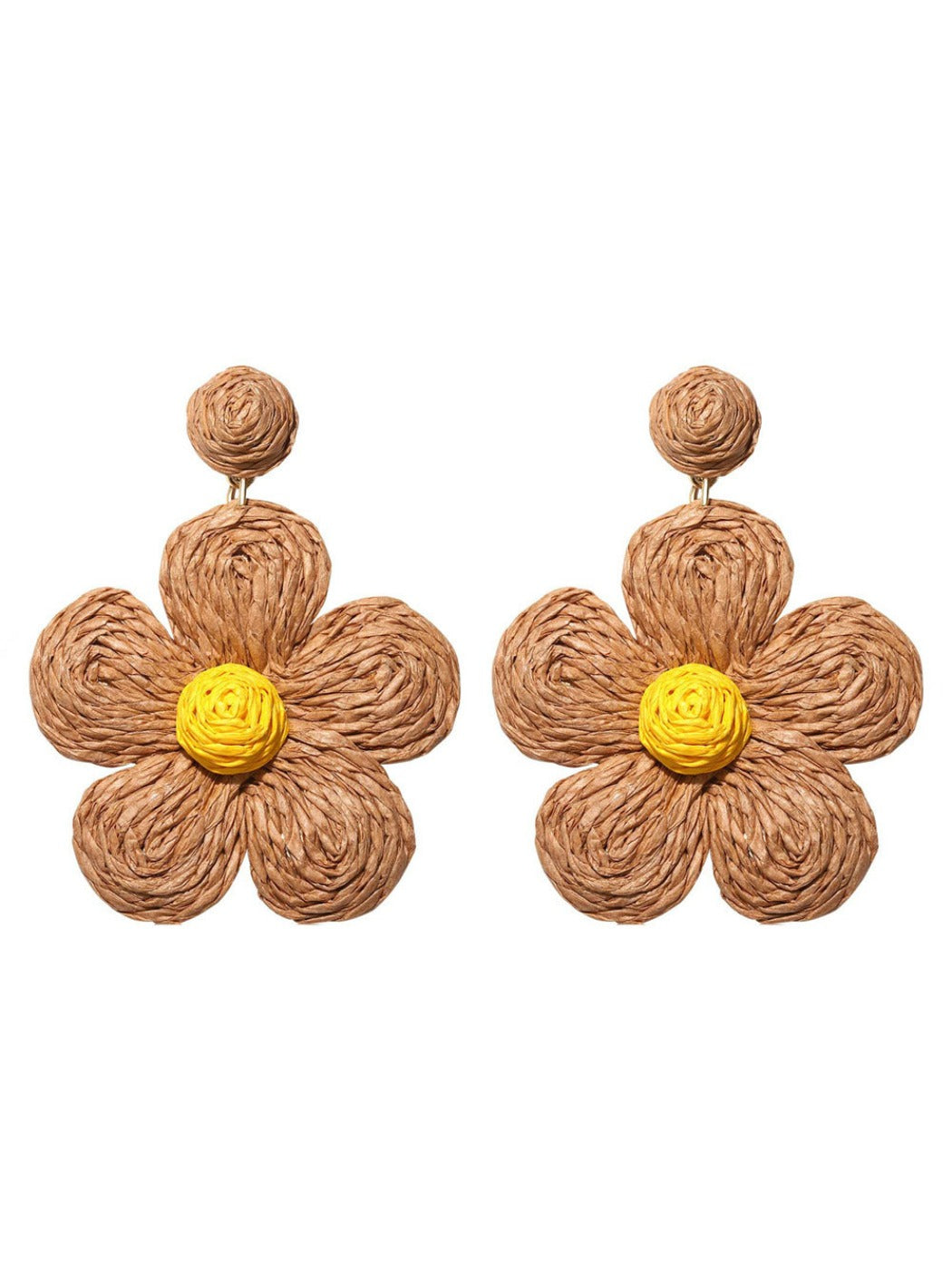 Pair of earedge knitted flower earrings placed on a light fabric background