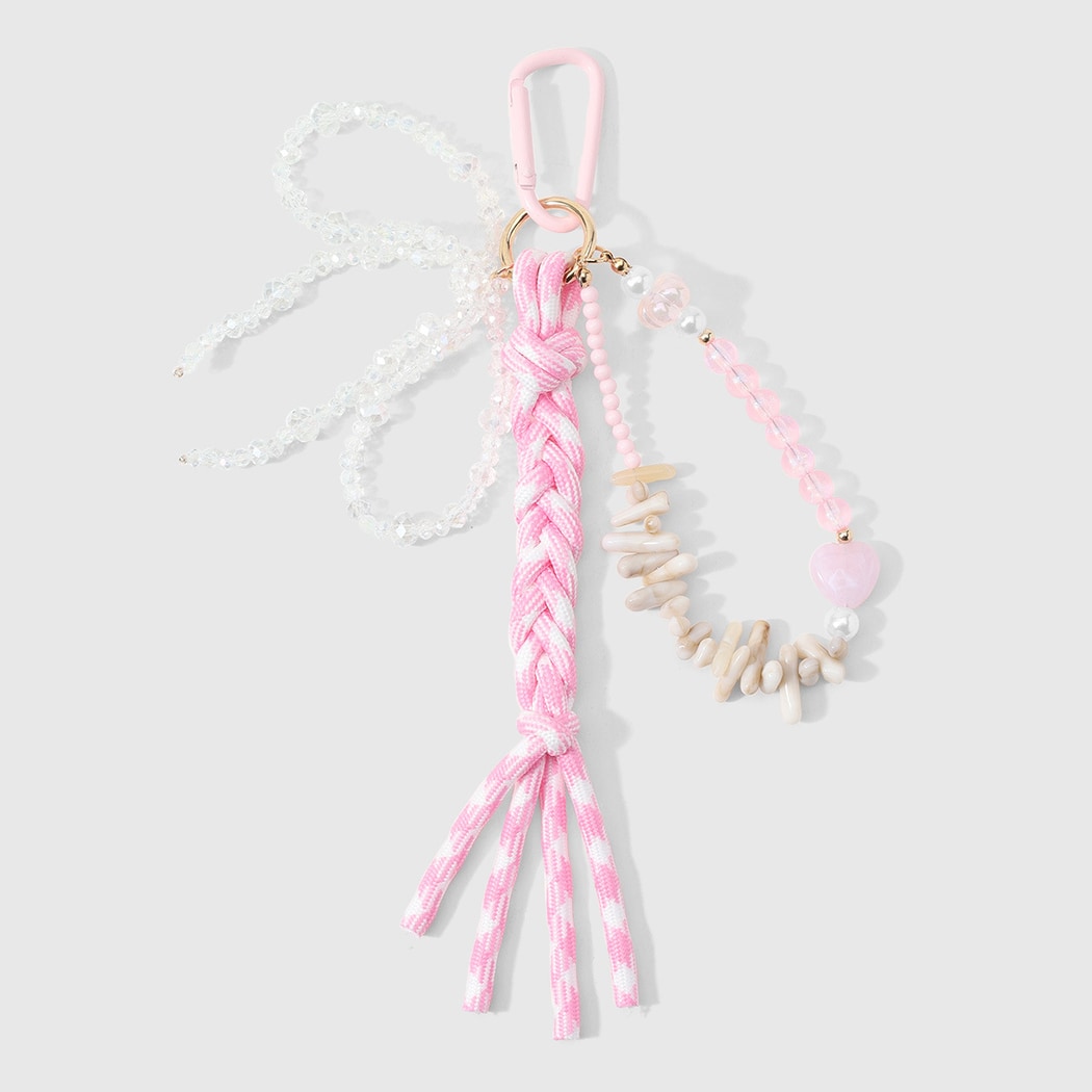 Keypus - Pink Beaded Bow Woven Cord Keychain
