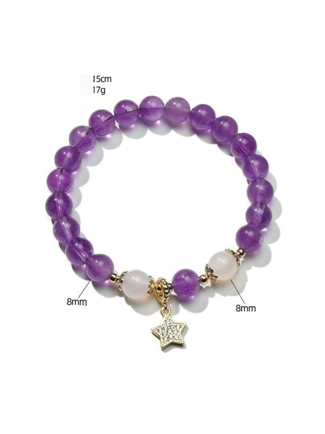 Close-up of Lovra purple crystal beaded bracelet on white background
