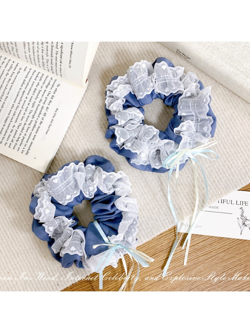 Gifty - Lace Trim Denim Bow Scrunchies