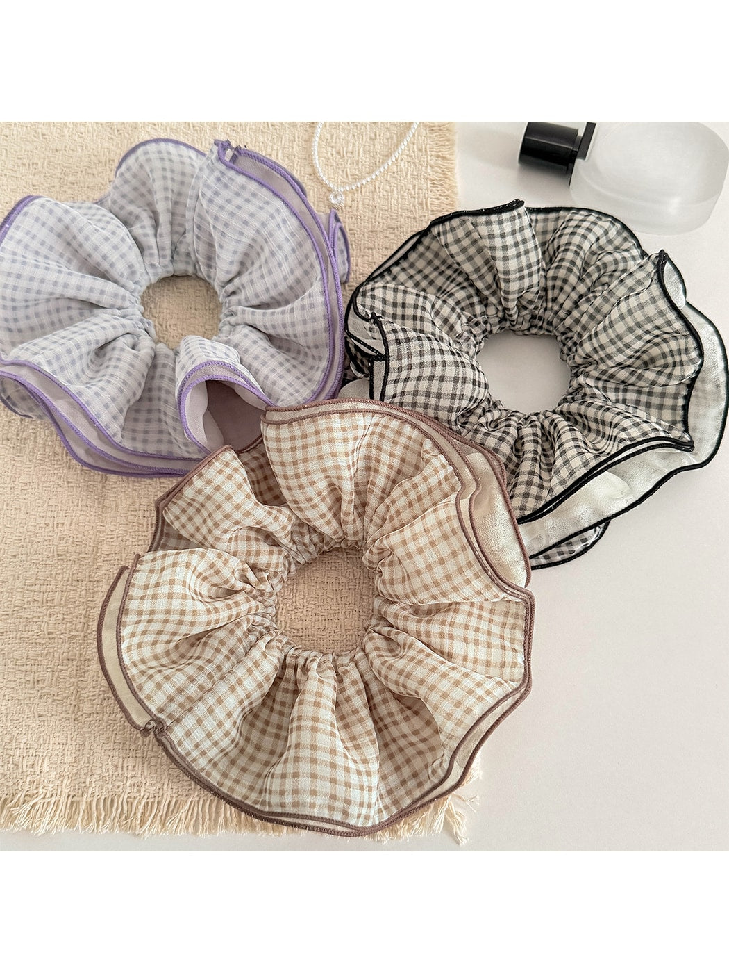 Gifty - Plaid Mesh Lace Trim Ruffled Hair Scrunchie