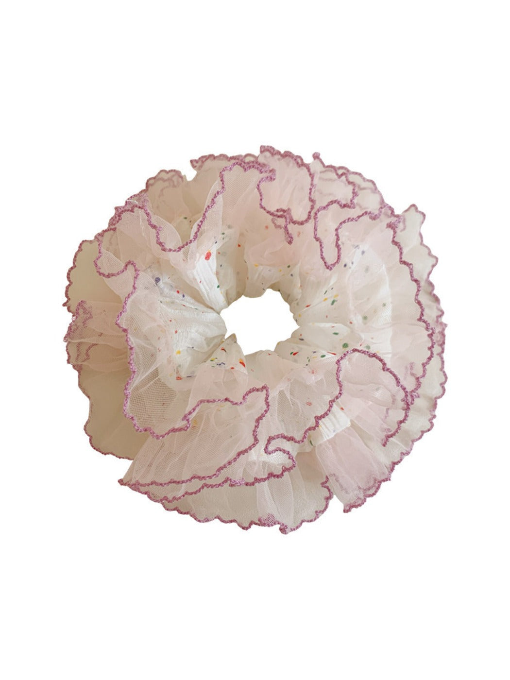 Gifty polka dot tulle scrunchie wrapped around a ponytail