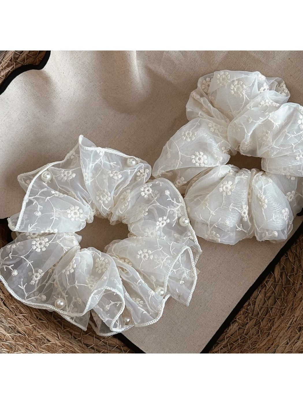 Gifty - Sheer Floral Beaded Ruffle Detail Scrunchie