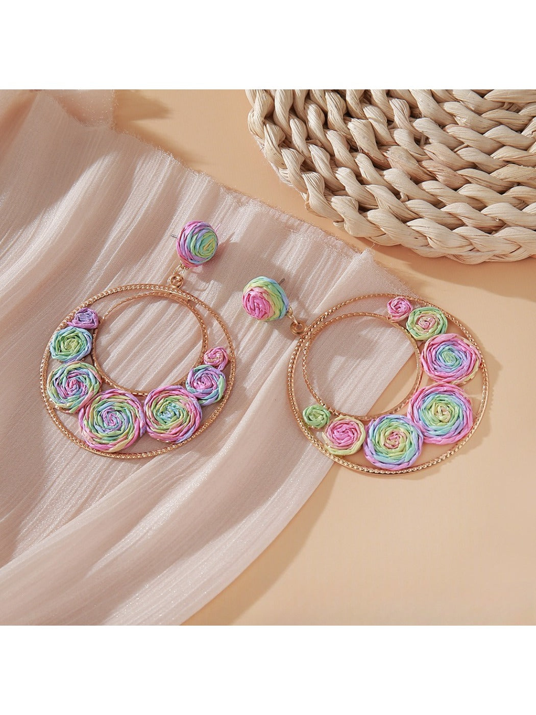 Sweet Raffia Circle Stud Earrings shown with matching raffia accessories