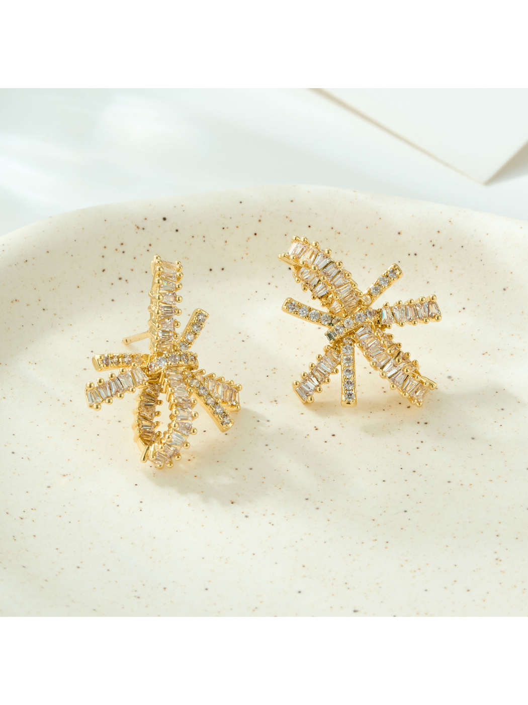 Earedge - Square Rhinestones Bow Detail Alloy Stud Earrings