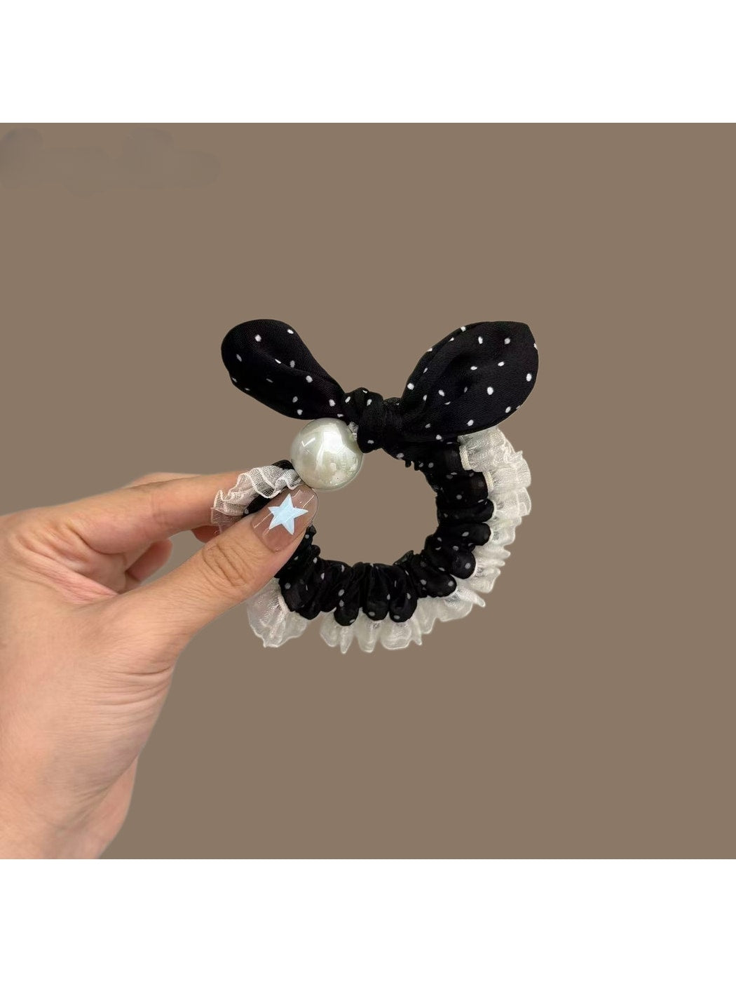Gifty - Polka Dot Mesh Bow Lace Trim Scrunchie