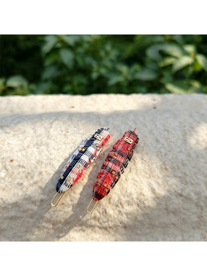 Beau - Check Pattern Feather Detail Acetate Side Barrette