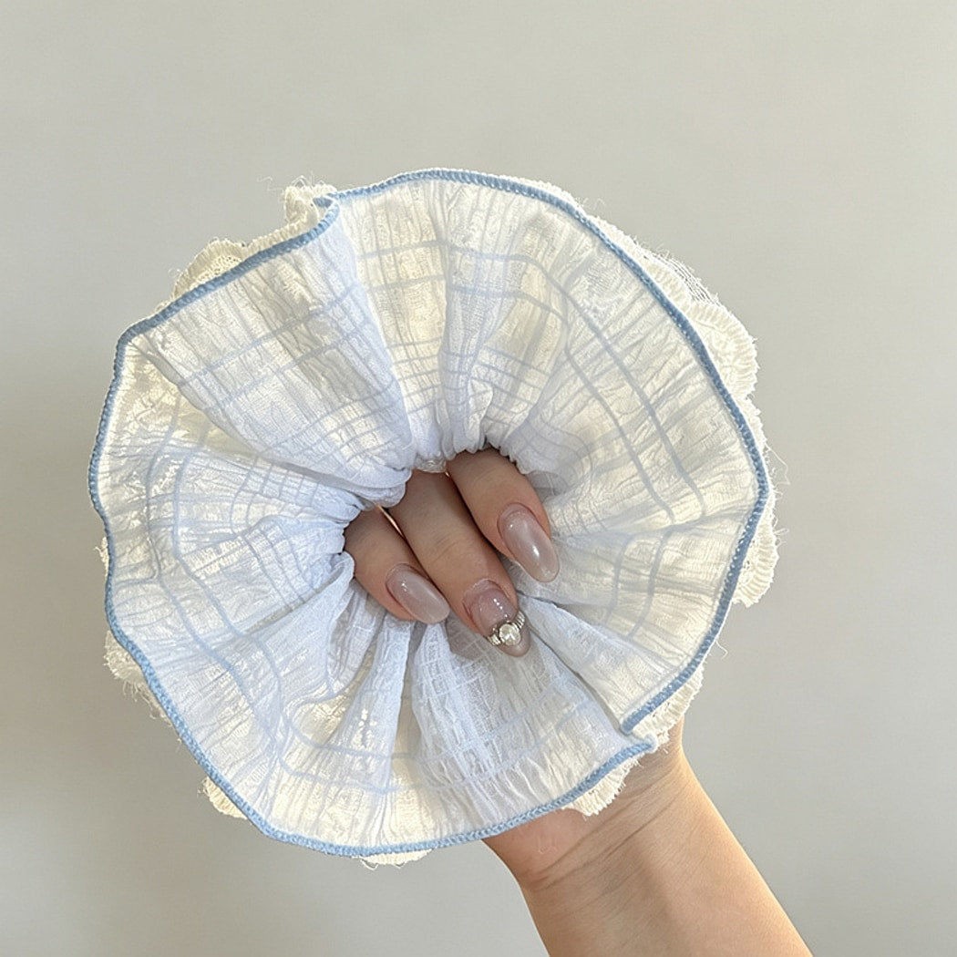 Gifty - Blue Plaid Lace Trim Polyester Scrunchie