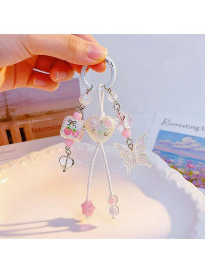 Close-up of heart shaped butterfly charm showing detailed wing patterns on keychain