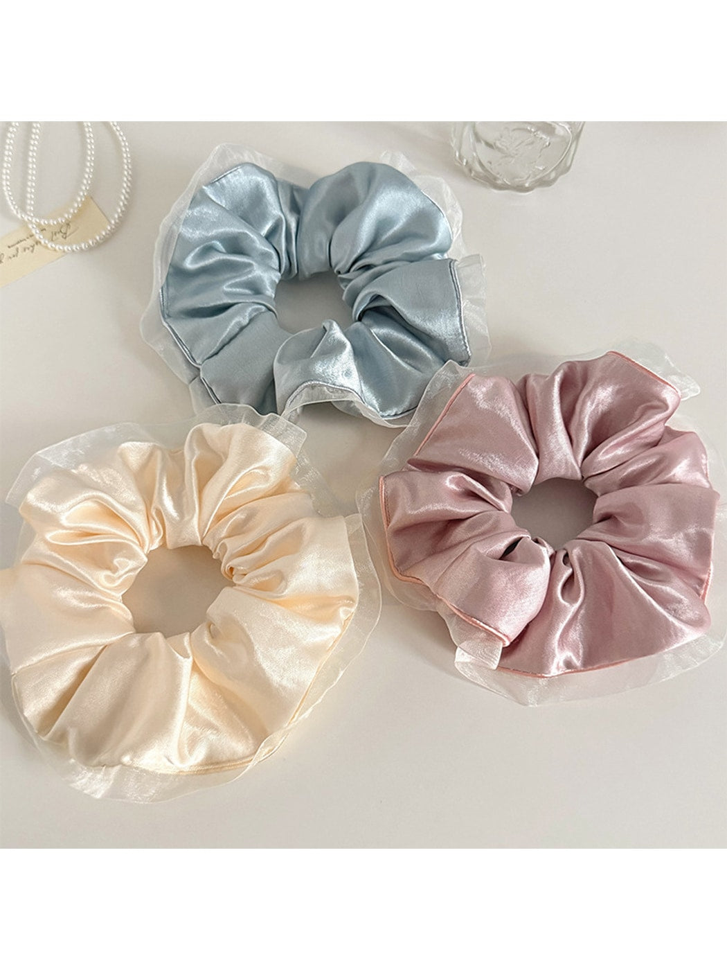 Gifty - Polyester Satin Look Mesh Trim Scrunchie