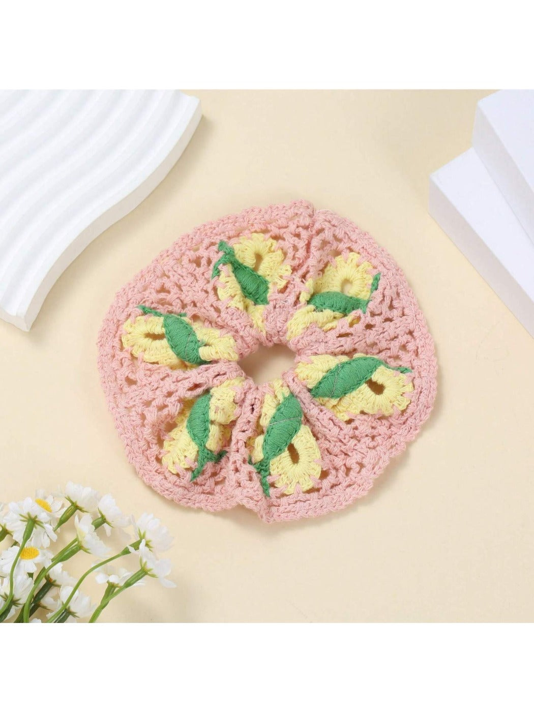 Close-up of scrunchie fabric pattern with natural light highlighting colors
