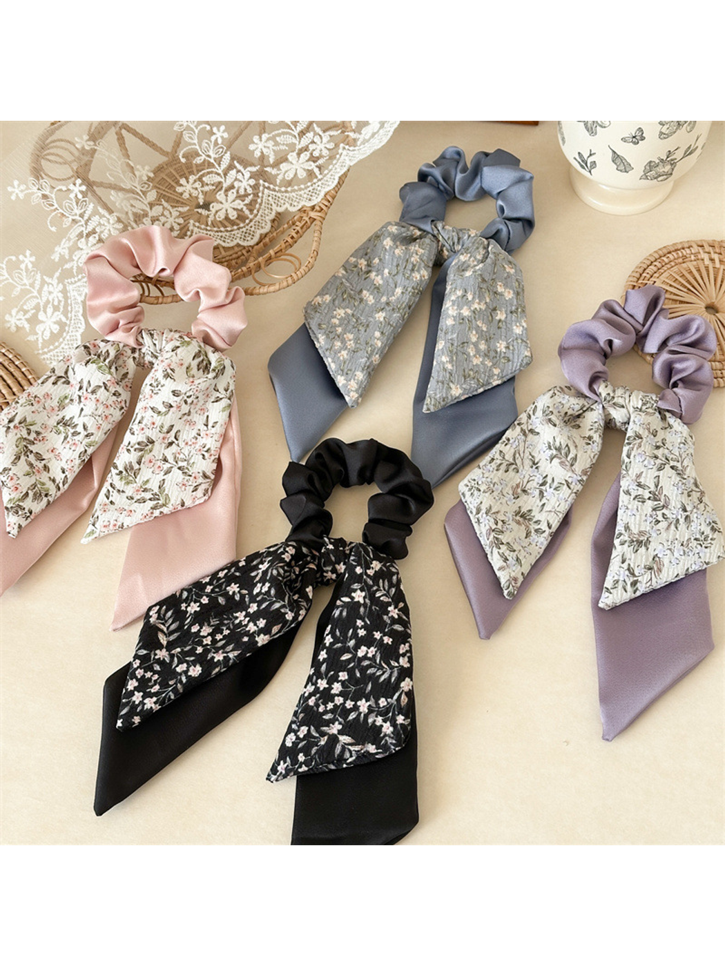 Gifty - Floral Ribbon Tail Layered Bow Scrunchie