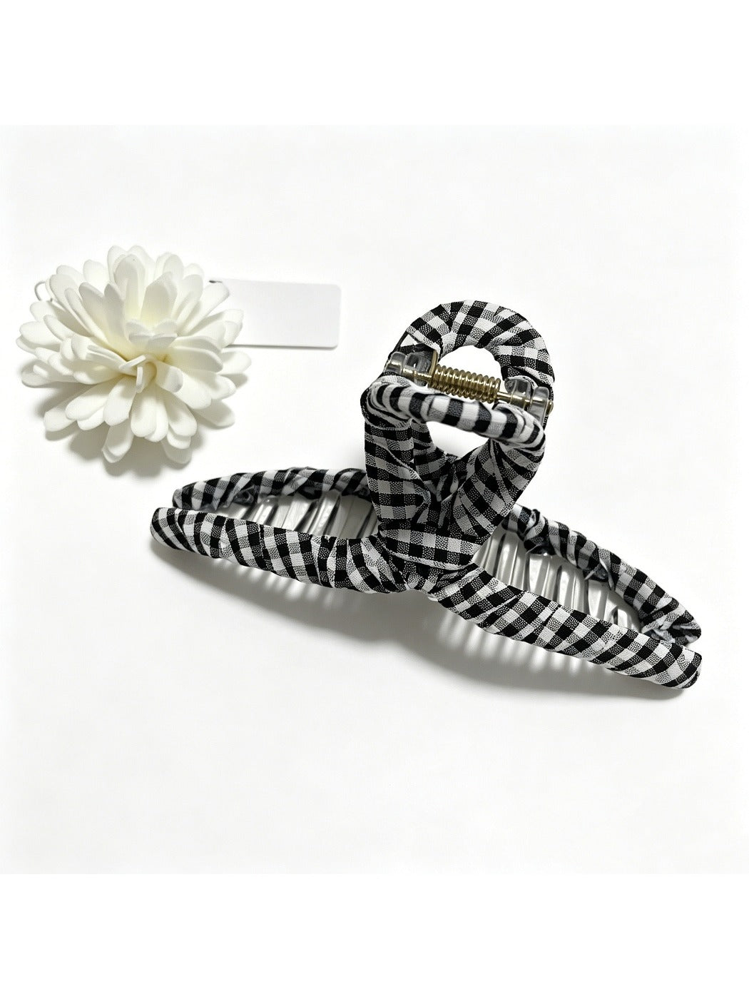 Beau colorful plaid fabric wrapped claw clip styled in hair