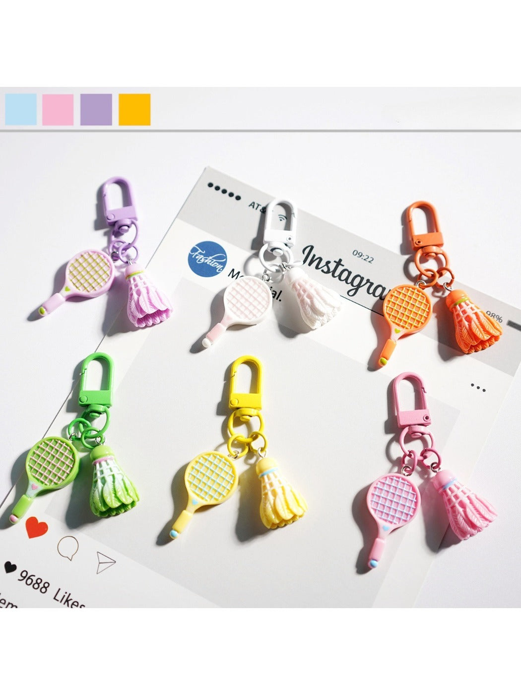 Close-up of lifelike badminton racket keychain with detailed strings and handle