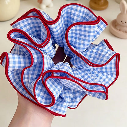 Gifty - Blue Plaid Ruffle Edge Polyester Scrunchie