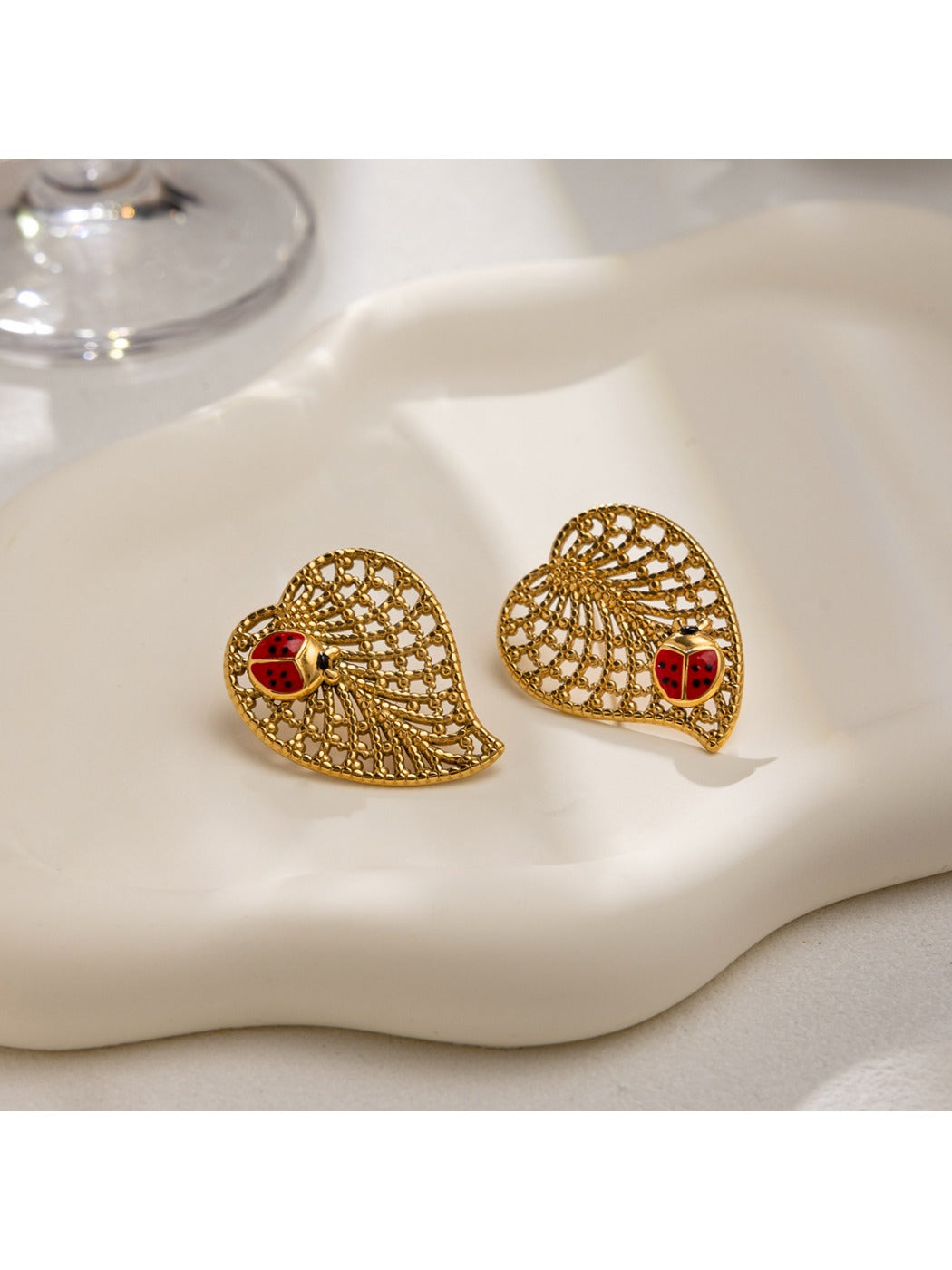 Earedge - Leaf Openwork Earrings with Ladybug Accents